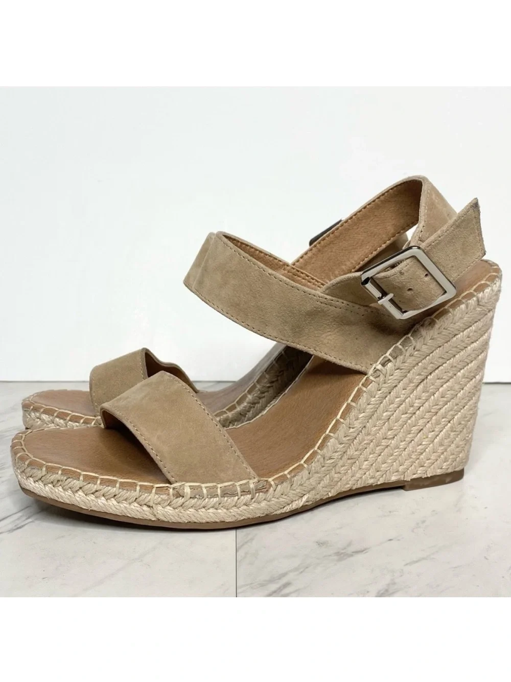 Steve Madden Uri Tan Suede Espadrille Square Toe Wedge Sandal 9 1/2
